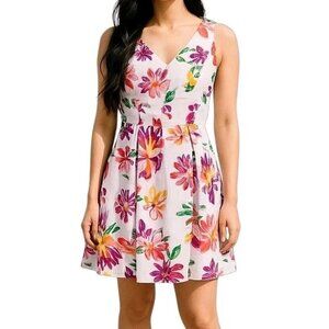Chaps Fit N Flare Dress Size 6 Floral Pleated Sleeveless V Neck Back Zip Cotton